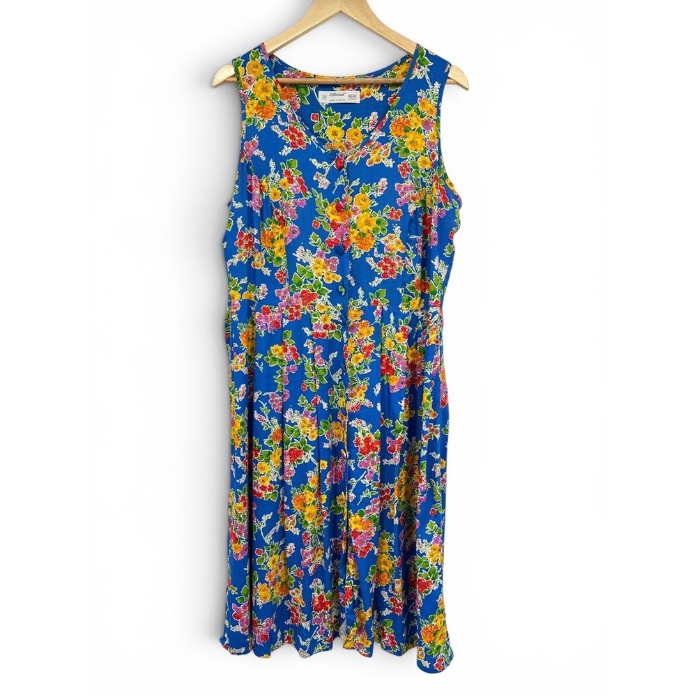 Vintage St Michael Blue Floral Button Front Midi Tea Dress UK 18 90s‎ Viscose